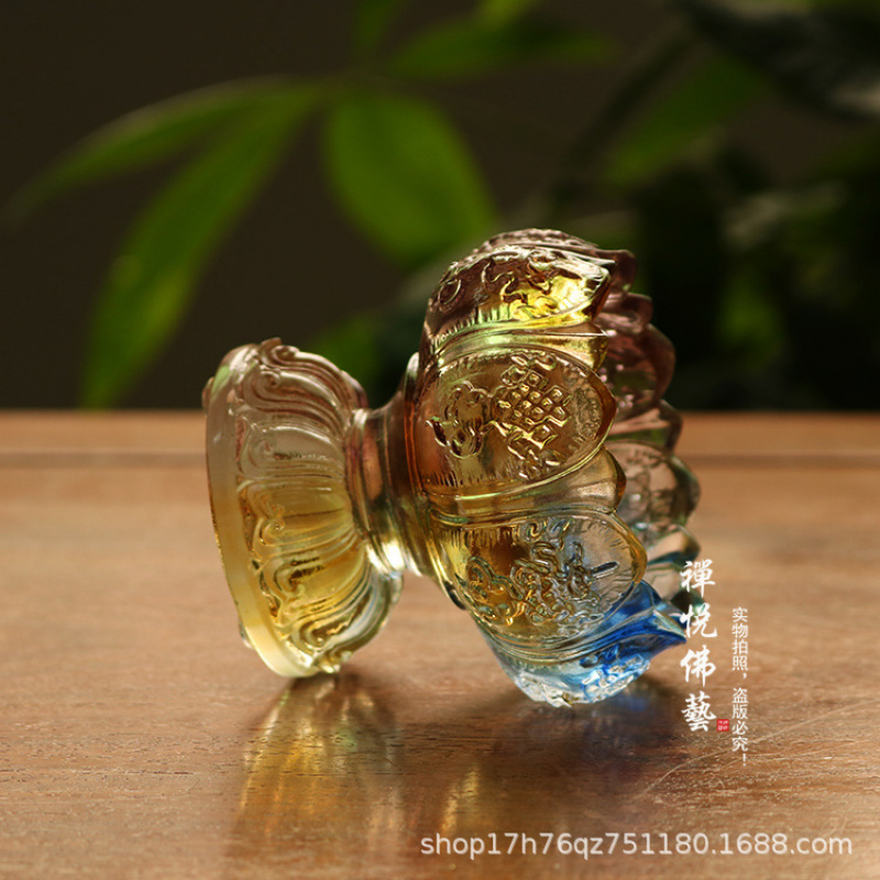 Candle Glass Supplies - เชิงเทียนแก้วรูปดอกบัวแปดมงคล อุปกรณ์ทางพุทธศาสนา ฐานโคมไฟน้ำมันทังสเตน ถ้วยบูชาขนาดเล็ก สีสันสดใส