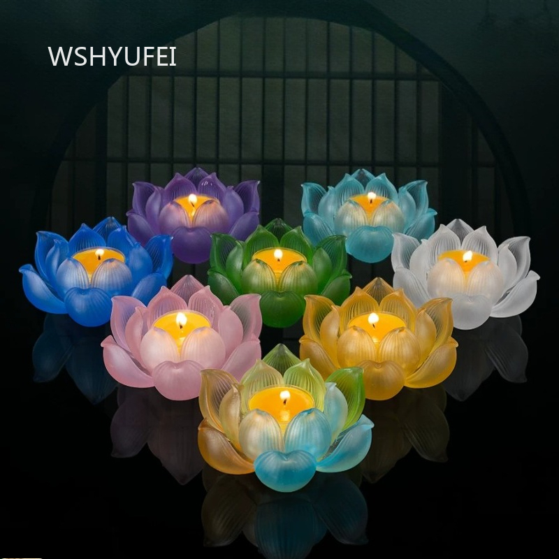 Candle Glass Supplies - เชิงเทียนแก้วรูปดอกบัว ฐานวางเทียนบัตเตอร์สำหรับใช้ในบ้าน ของตกแต่งโต๊ะ ฐานวางเทียนพระพุทธรูป ฐานวางเทียนหลัก อุปกรณ์ทางศาสนา